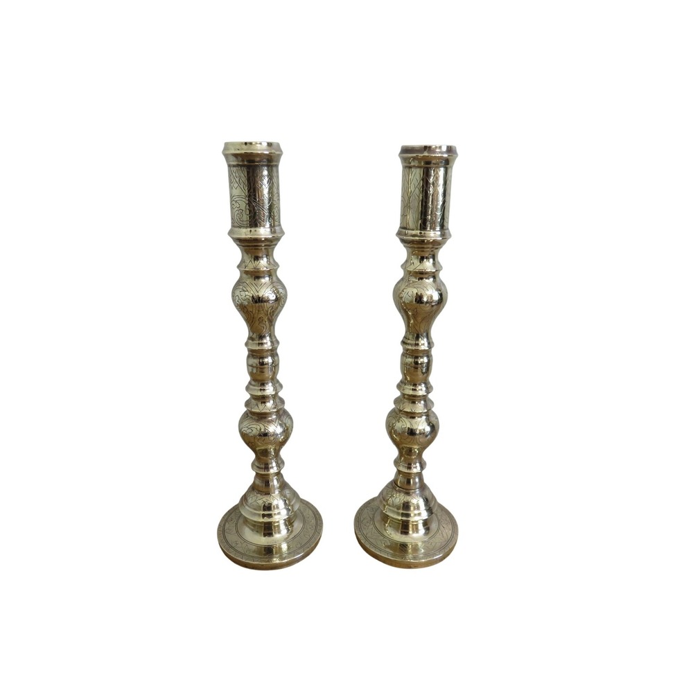 2 Vintage Ornate Brass Candlestick Holders  Etched Decorative Tabletop‎ Decor